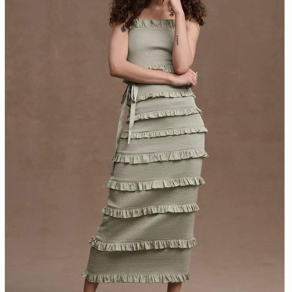 V. Chapman Lily Ruched & Ruffled Stretch Satin Midi Dress